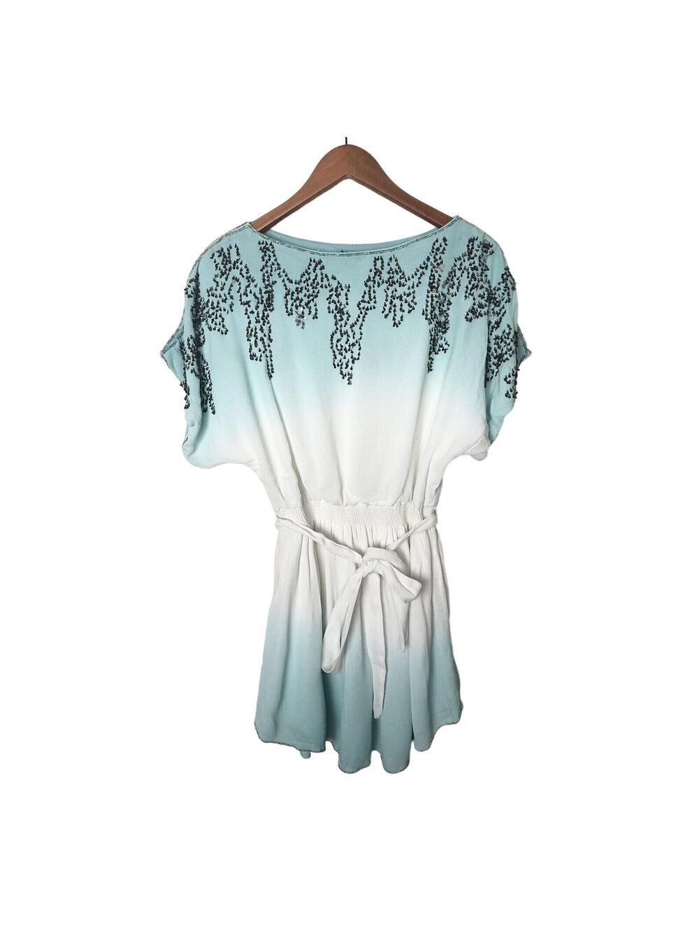 NWT Letarte Women’s Medium White Ocean Blue Tie Waist Embellished Tunic Dress